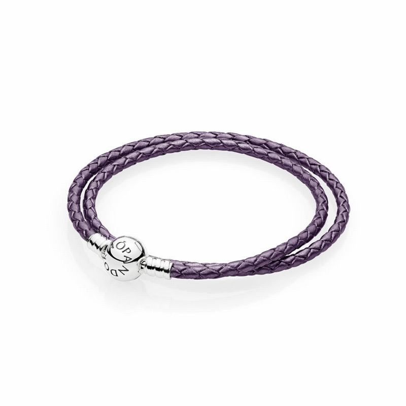 Pandora Purple Braided Double-Leather Charm Bracelet Silver Egypt QN9850317